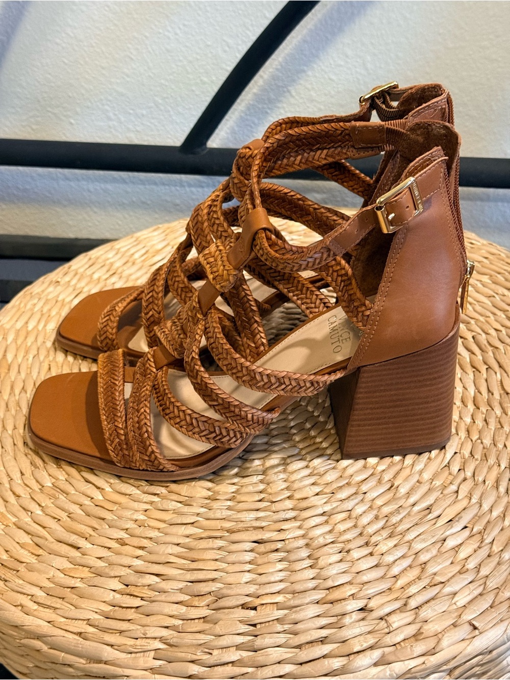 Vince Camuto Cognac Woven Strappy Block Heel Sandals Women’s Size 9